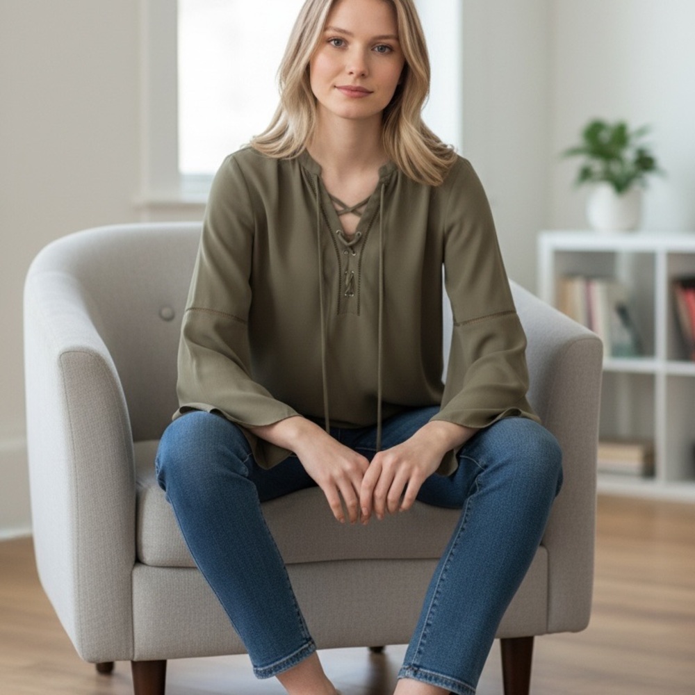 White House Black Market Sage Blouse with Lace-Up Detail - Picture 2 of 6